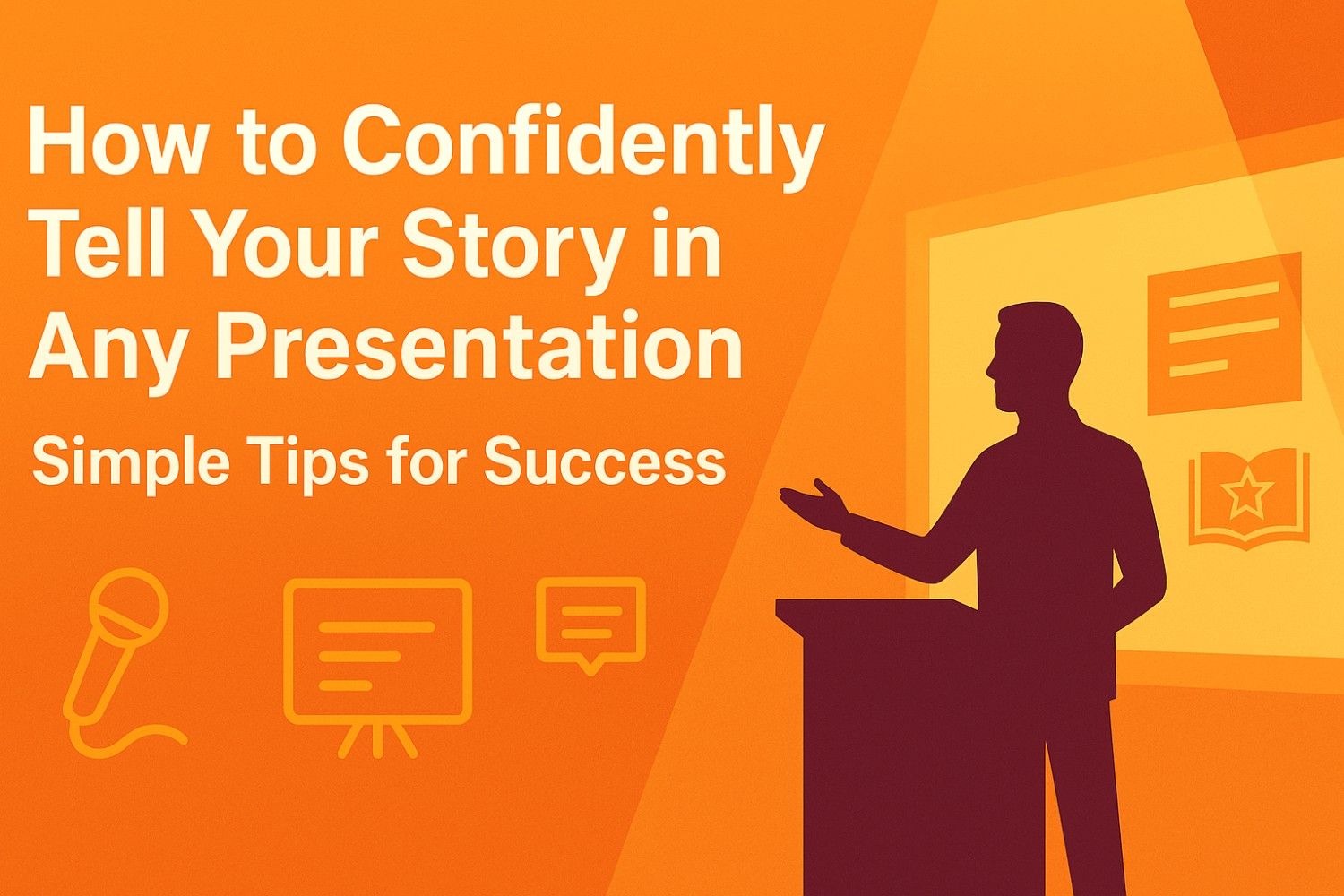 Silhouette of a person at a podium speaking. Bold text reads, "How to Confidently Tell Your Story in Any Presentation.