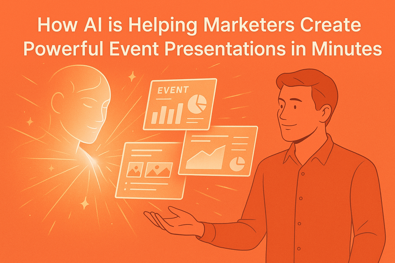 A marketer collaborates with a glowing AI hologram that generates dynamic presentation slides in a creative workspace.