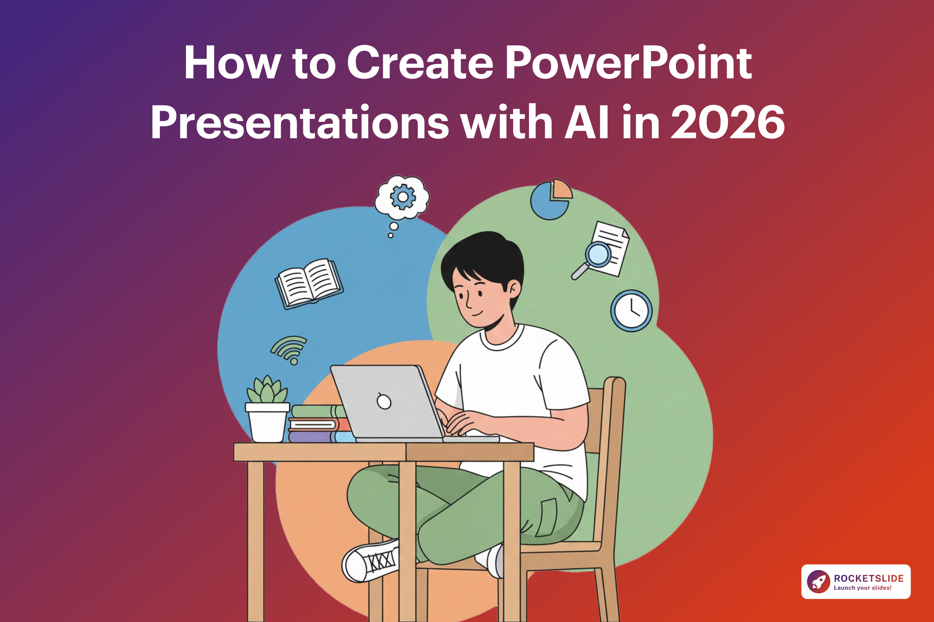 Illustration of a person working on a laptop with icons around, showing how to create PowerPoint presentations with AI in 2026.