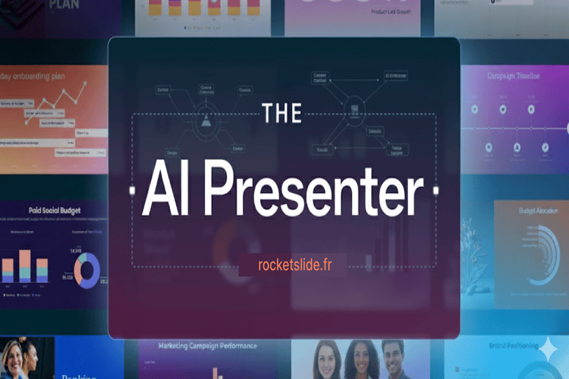 Rocketslide.fr's "The AI Presenter" tool for making presentations with AI, featuring data charts and diverse slide designs.