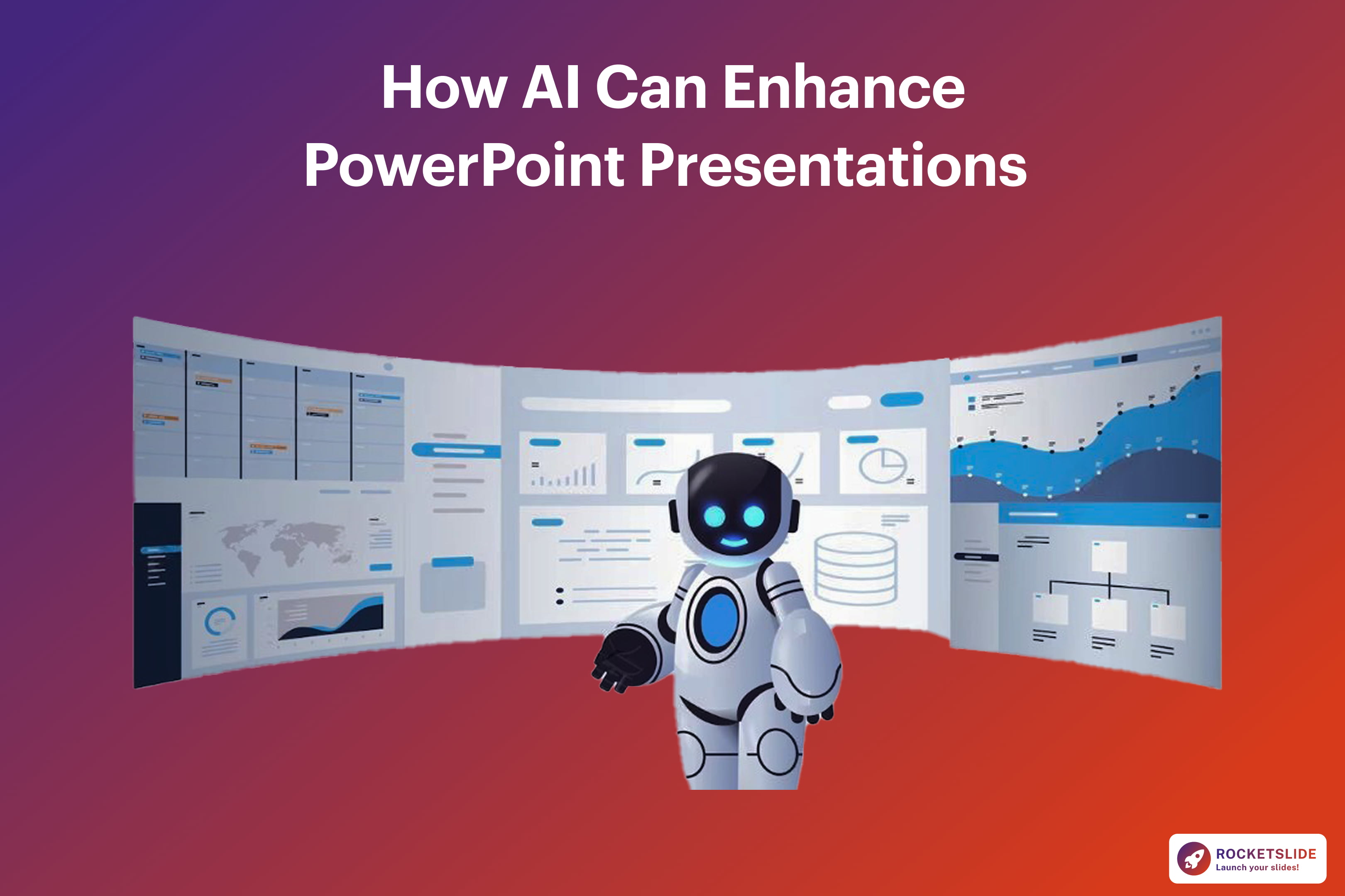 AI robot standing in front of multiple presentation slides, showing how artificial intelligence can improve PowerPoint presentations.