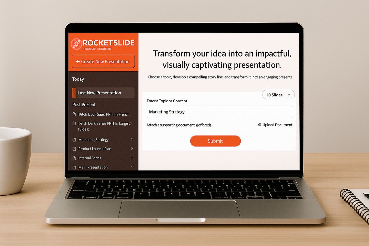 A laptop with RocketSlide Presentation dashboard is placed on a desk alongside a coffee cup, suggesting a productive work environment.