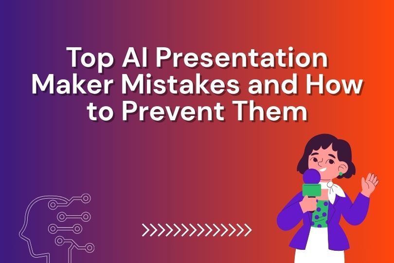Illustration of a person presenting with text 'Top AI Presentation Maker Mistakes and How to Prevent Them