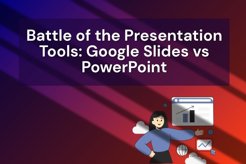 Illustration showing a person presenting charts with the title 'Battle of the Presentation Tools: Google Slides vs PowerPoint'.