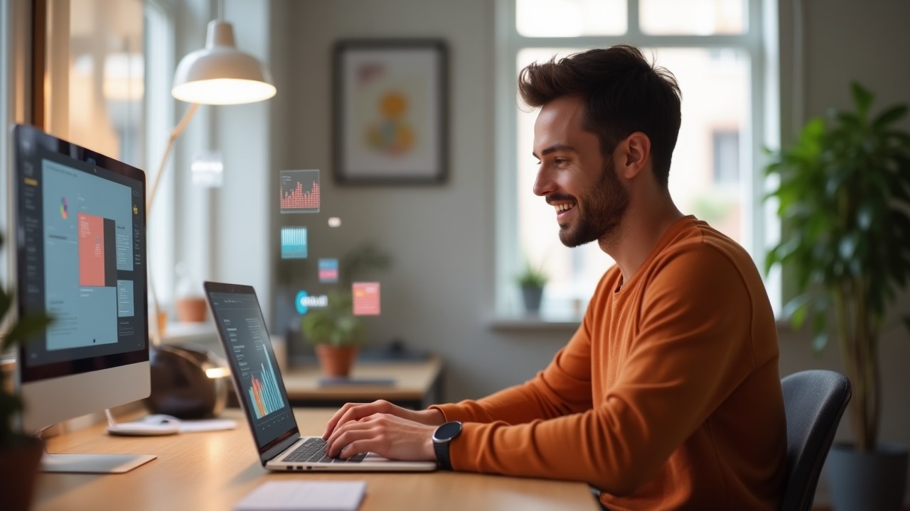 A smiling man in an orange sweater works at a desk with a laptop and desktop computer, analyzing colorful graphs.
