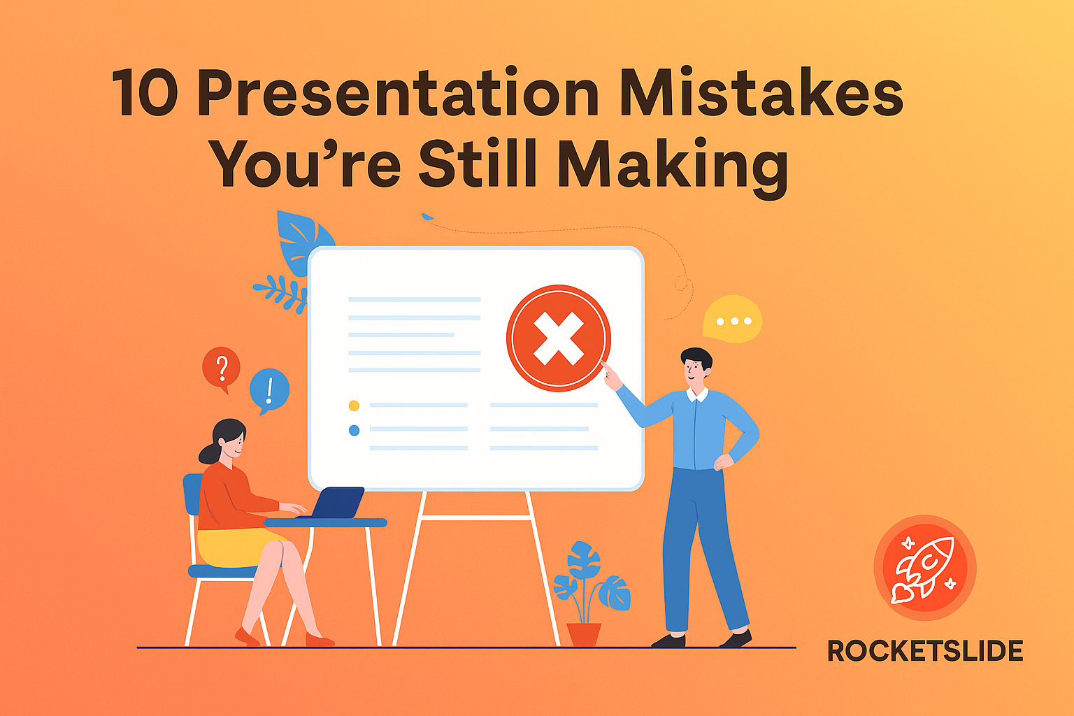 RocketSlide-themed illustration showing two people pointing at a presentation board with the text “10 Presentation Mistakes You're Still Making.”