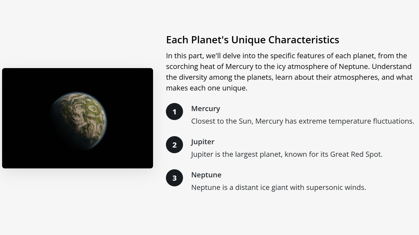 Image showing a planet in space with text explaining the unique characteristics of Mercury, Jupiter, and Neptune.