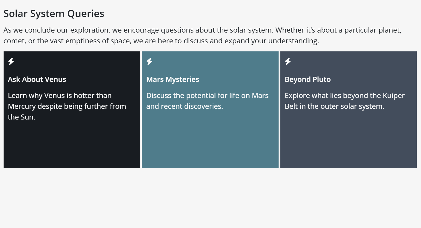 Cards titled Ask About Venus, Mars Mysteries, and Beyond Pluto invite questions about planets and the outer solar system.