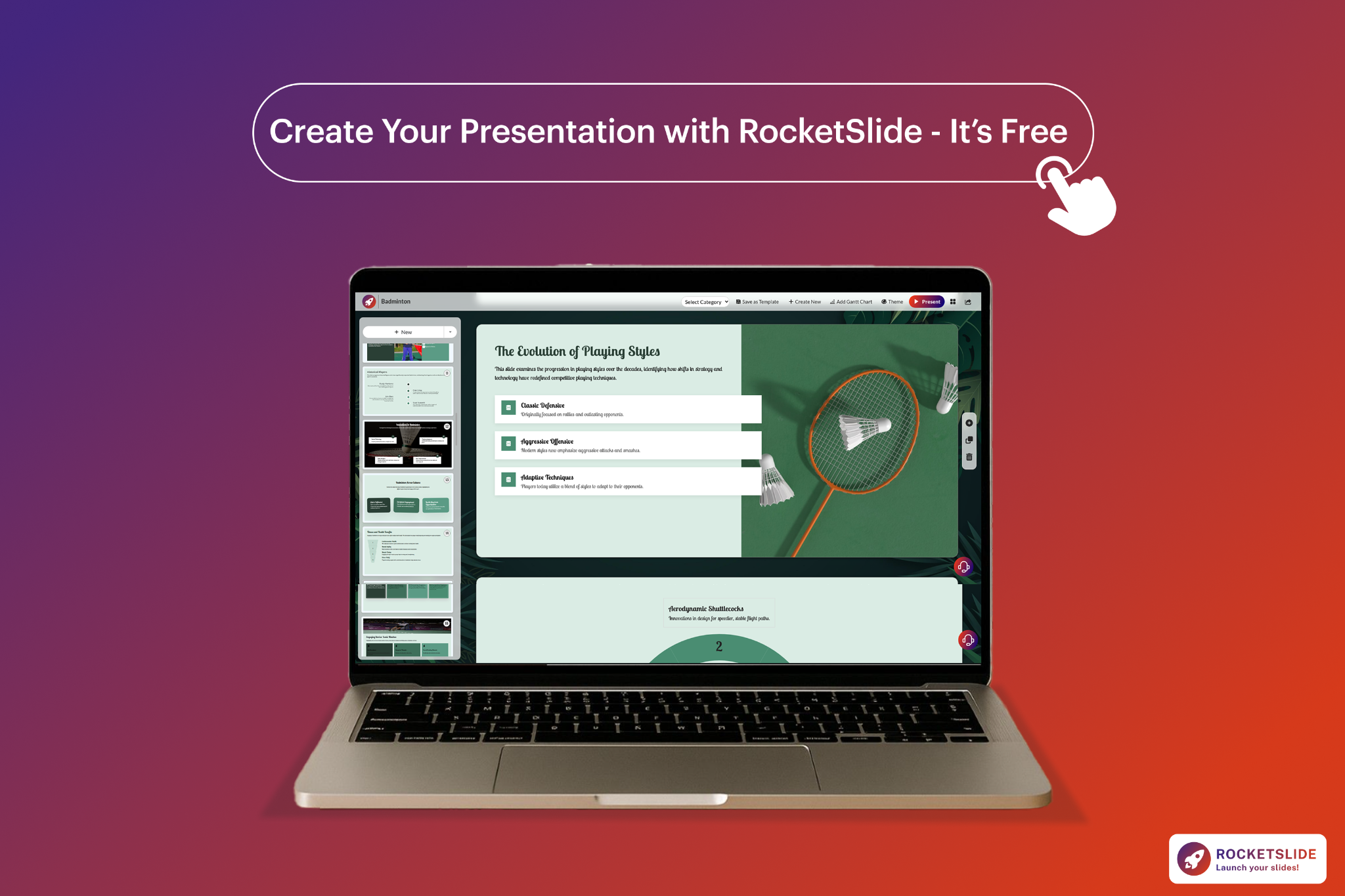 Laptop displaying a RocketSlide presentation editor with a button that says Create Your Presentation with RocketSlide - It’s Free.