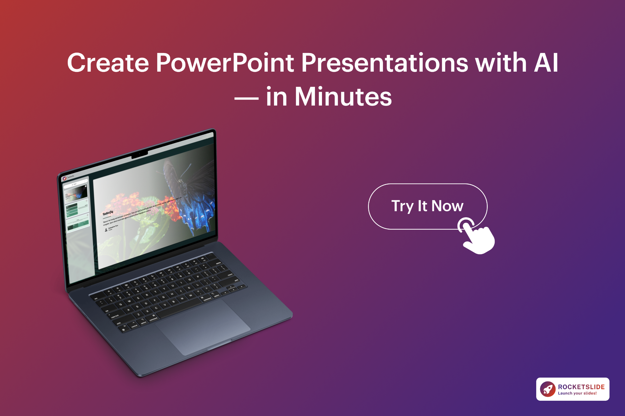 Laptop displaying an AI presentation tool with text Create PowerPoint Presentations with AI in Minutes and a Try It Now button.