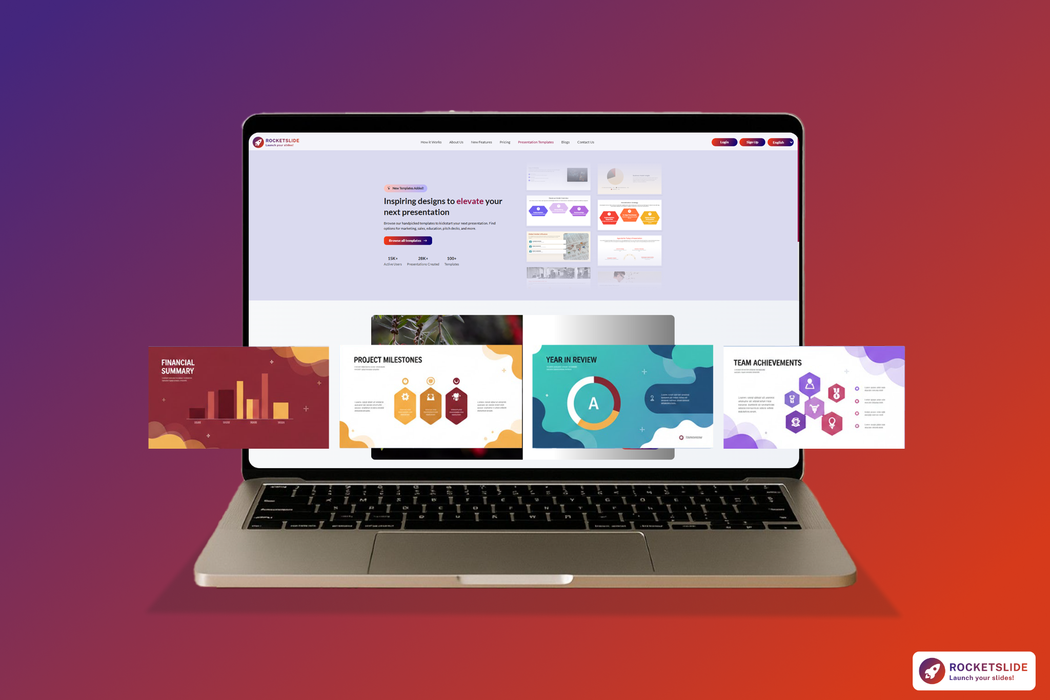 Laptop screen showing RocketSlide website with multiple presentation templates for year-end reviews and business summaries