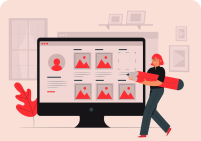 User interface illustration showing a woman customizing a profile page layout on a large screen, highlighting personalization and visual editing features.